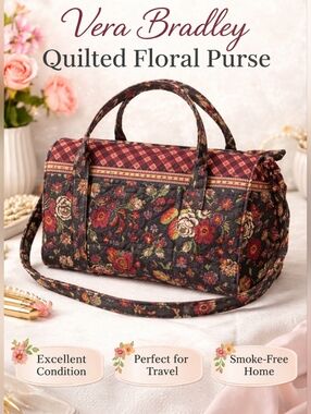 VINTAGE 💜 VERA BRADLEY Floral Quilted Tote Bag in Black and Red